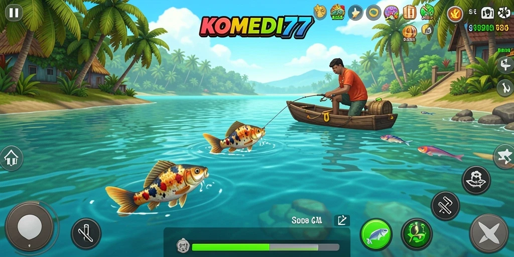 Screenshot gameplay KOMEDI77 yang menunjukkan momen seru memancing.