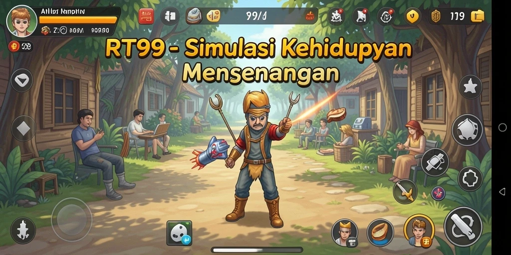 Screenshot utama RT99 menunjukkan interaksi karakter dalam simulasi kehidupan.